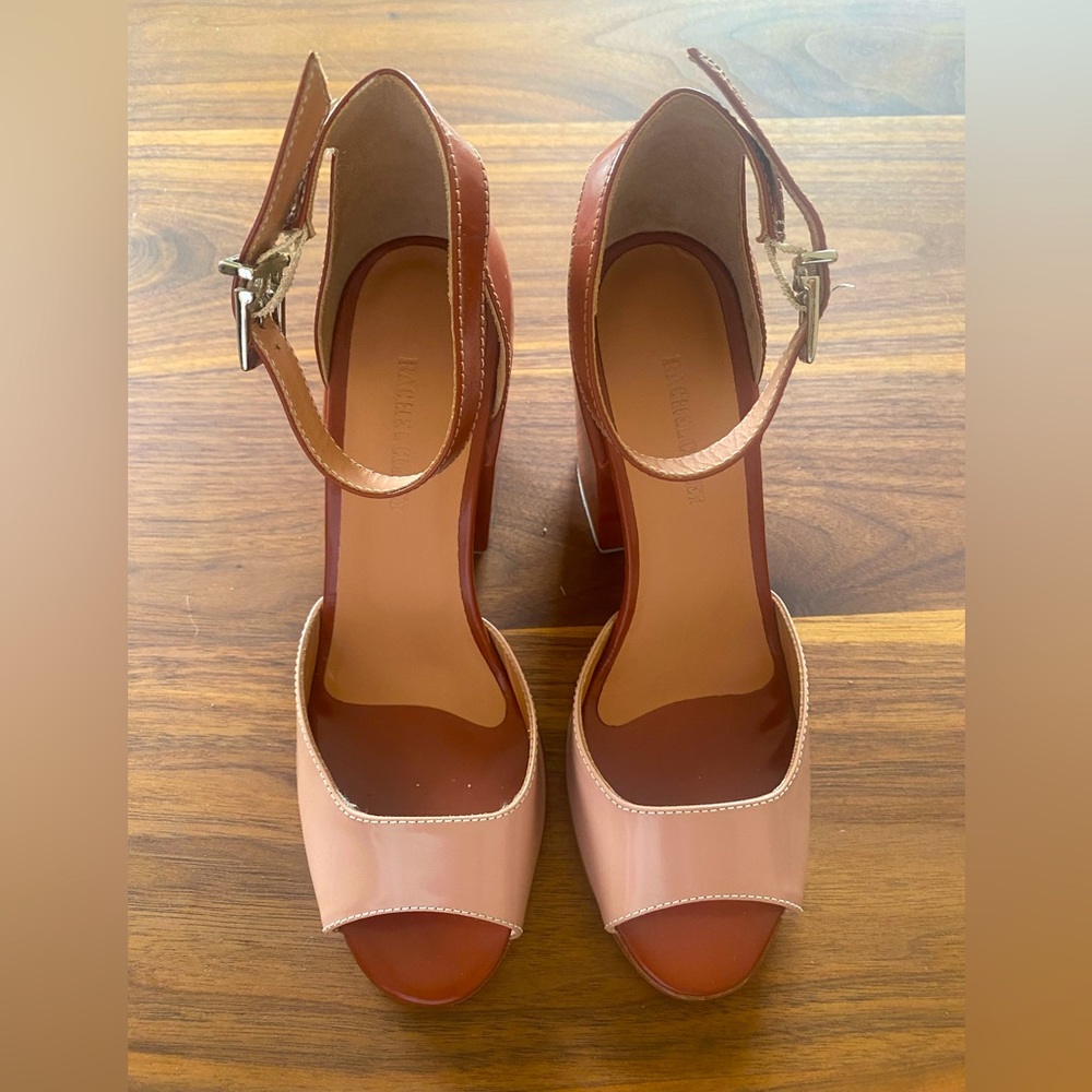 Two tone pink and brown Rachel Comey patent leather chunky ankle strap heels